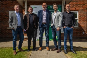Peter Wright Graham Lesslie CEO Iain Bennett MD Mark Stuart and Paul Armstrong outside Gofors new office In Blackburn