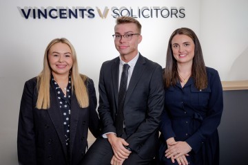 Vincents Solicitors new qualified residential property solicitor Kieran McGahey with Samantha Kenyon and Sophie Mercer