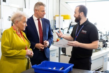 Lorraine Beavers, MP for Blackpool North and Fleetwood and Luke Pollard, Minister of State at the Ministry of Defence discussing skills provision with Alex Molloy, Curriculum Manager, Engineering at Blackpool and The Fylde College.