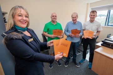 Miller Homes Development Manager Sarah Calderbank-Jenkins with The Barry Kilby Prostate Cancer Appeal Chairman Barry Kilby and Trustees Graham Lancashire and Michael Evans..jpeg.jpg