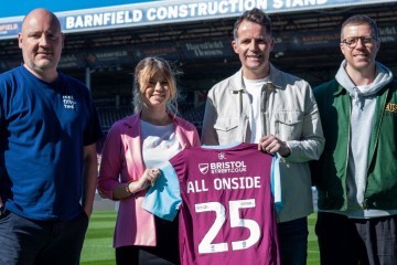 Root Fifty-Two's Jon Cant, Barrie Thompson and Michael Barker at Turf Moor with Annabel Riley, Partnerships & Events Officer at BFCitC 