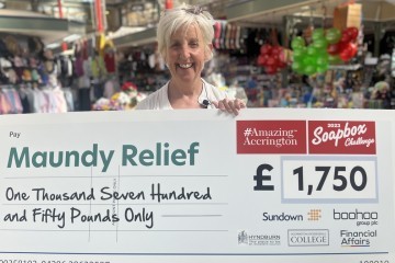 Julie Hesmondhalgh accepting the Amazing Accrington Soapbox Challenge donation on behalf of Maundy Relief.jpg.jpg