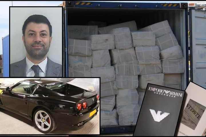 Arif Umarji Patel with the seized Ferrari counterfeit underwear container with counterfeit clothes inside