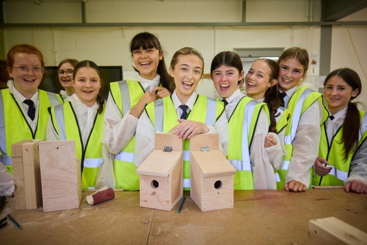 Year 9 girls with their finished bird boxes