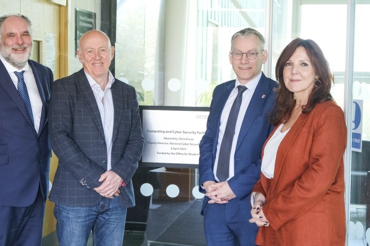 Head of Lancaster University's School of Computing and Communications Professor Nigel Davies, Chris Ensor, Vice-Chancellor Professor Andy Schofield and Pro-Vice-Chancellor (Engagement) Professor Sarah Kemp