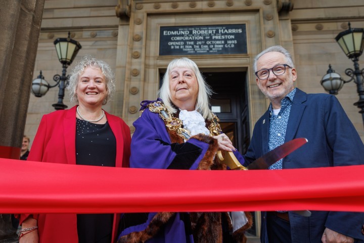 Cllr Anna Hindle, Mayor of Preston Cllr Sue Whittam and Nick Park CBE, Oscar-winning Preston-born creator of Wallace & Gromit, officially reopen The Harris museum, art gallery & library in Preston, Lancs