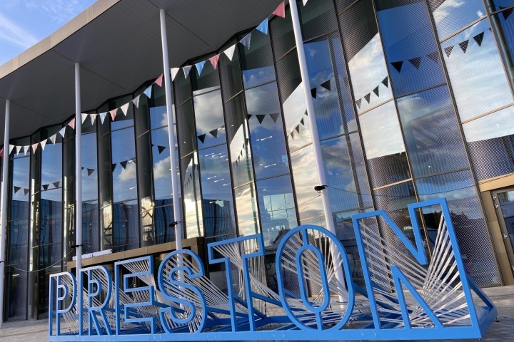 Preston sign outside University Of Lancashire's new student centre