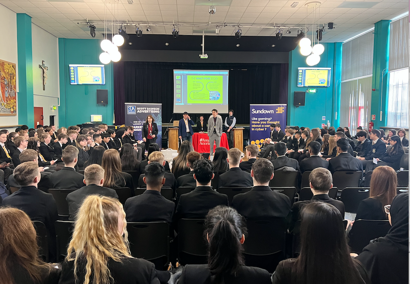 Will Fort Of Sundown Solutions Murray Dawson Chair Of Amazing Accrington And Tony Grimshaw Of What More Speaking To Pupils From Mount Carmel Rc High School Press