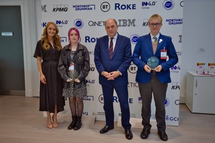 CyberFirst Celebration L R Lauren Monks Director Of Careers Education Programmes At IN4 Group Charlotte From Winstanley College Defence Secretary Ben Wallace Norbert From Moor Park High School And Sixth Form Wide Low Res