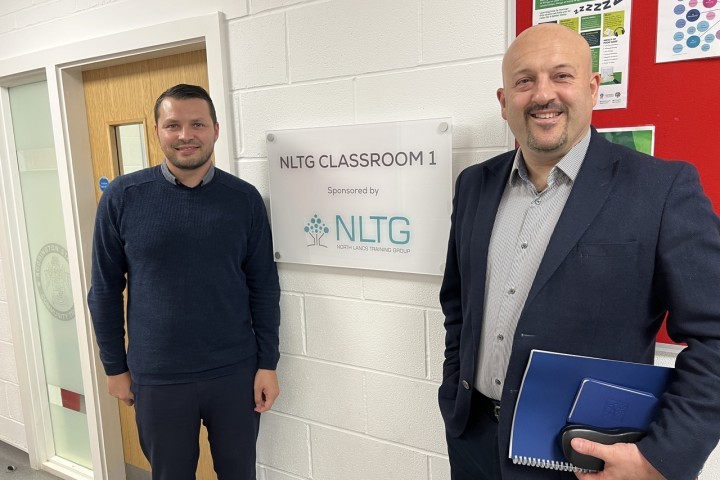 ACCRINGTON STANLEY COMMUNITY TRUST CEO MARTIN FEARON AND NLTG MANAGING DIRECTOR GARETH LINDSAY OUTSIDE THE CLASSROOM WHICH NLTG PROUDLY SPONSOR.jpg.jpg