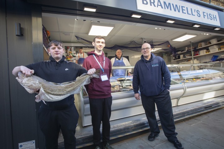 NLTG students and hospitality tutor Jason Slater with Steve Bramwell of Bramwells Fish in Accrington Town Centre.jpg.jpg