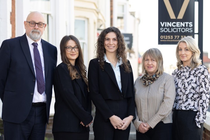 Director Mark Mosley, children solicitor Beth Laws, divorce lawyer Chloe Santoni, children law expert Val Shaw, and family law assistant Alex Tavoni at Vincents’ Lytham office in Park Street 